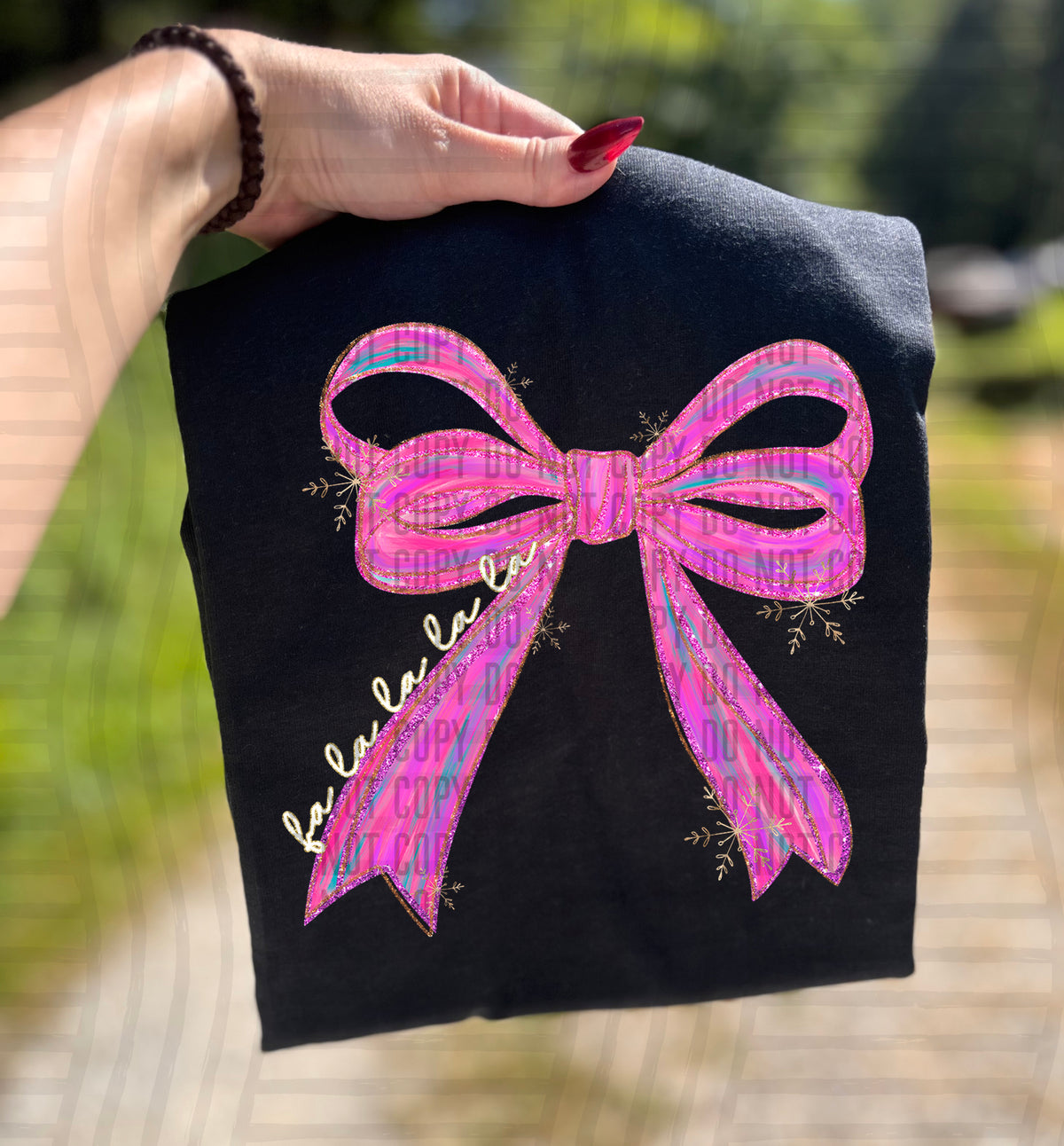 Falalala purple glitter bow (caplinger) DTF transfer