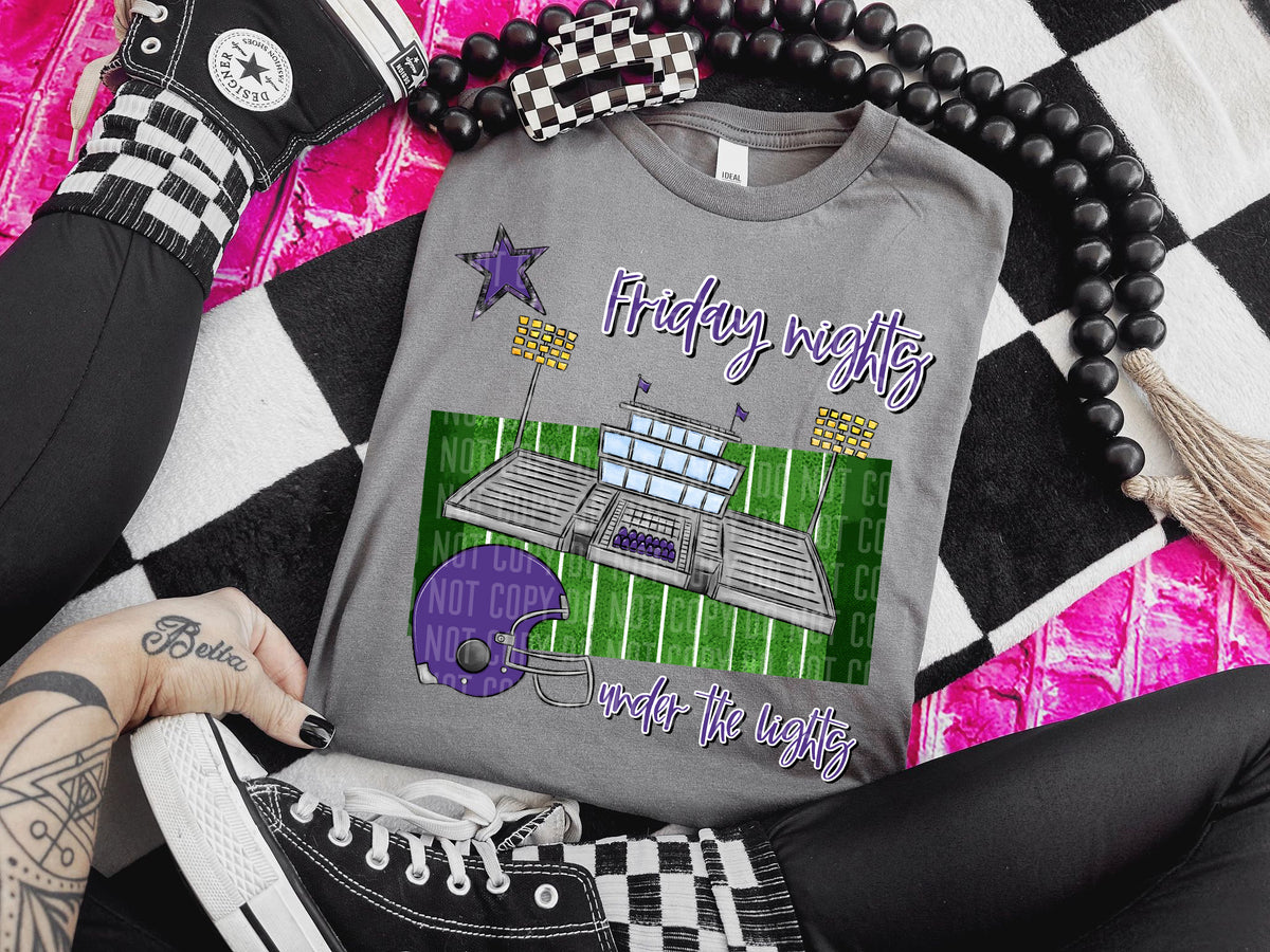 Friday nights under the lights football stadium PURPLE (Caplinger) DTF transfer