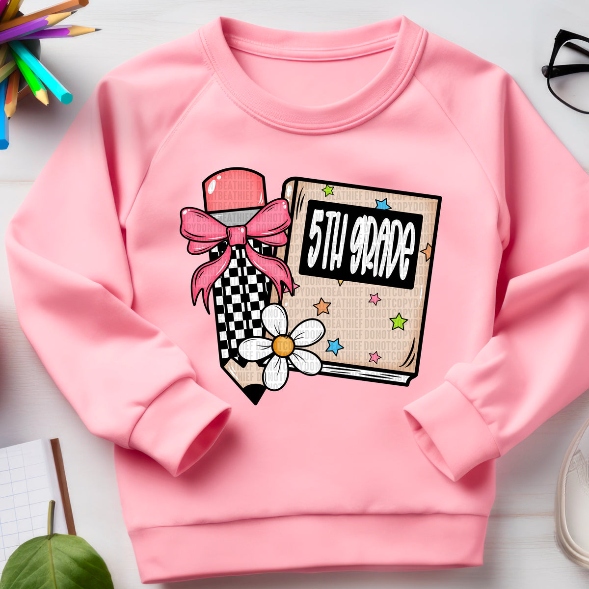 5th grade checkered pencil pink bow beige book DTF transfer