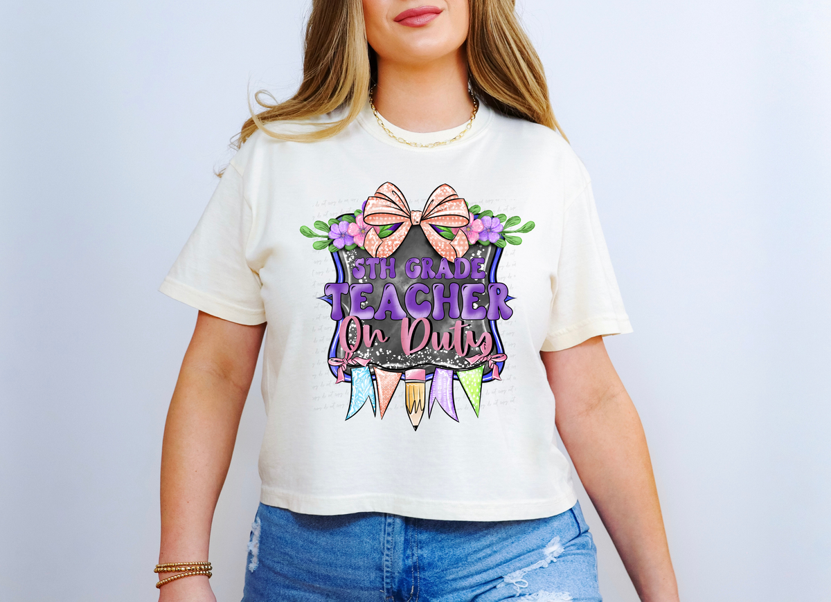 5th Grade Teacher On Duty Purple Frame with Bow and Pencil 115643 DTF Transfer
