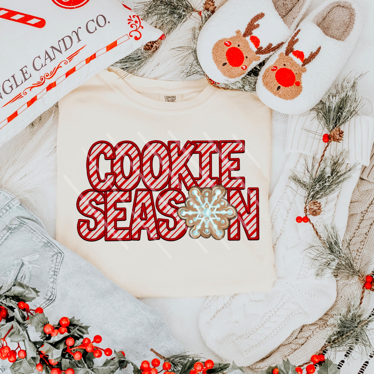 Cookie Season red striped letters with snowflake cookie 111592 DTF transfer