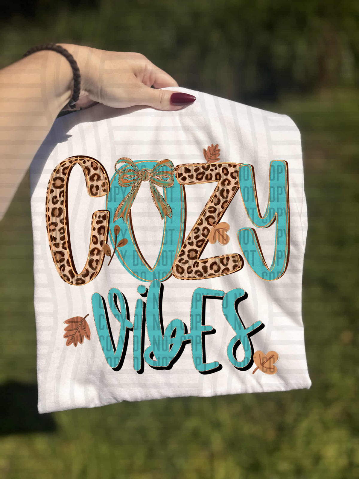 Cozy Vibes teal and leopard (caplinger) DTF transfer