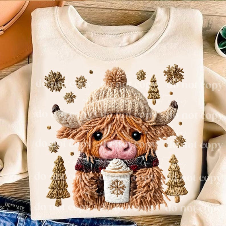 Faux Yarn winter highland cow with snowflakes  DTF Transfer