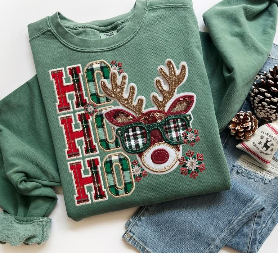Ho Ho Ho plaid and reindeer (s&g) DTF Transfer