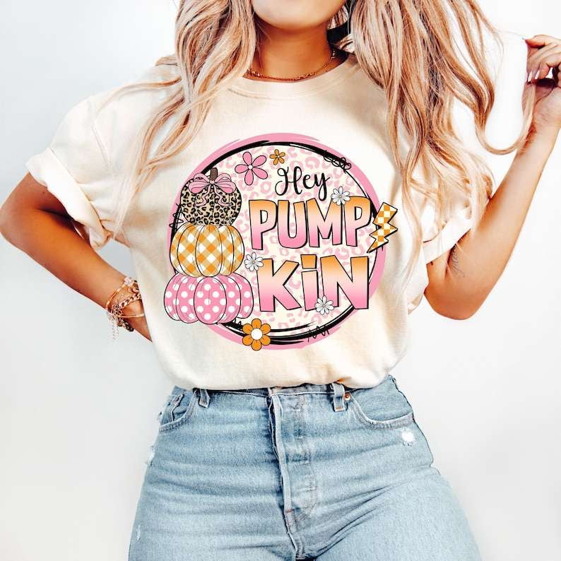 Hey pumpkin pink and yellow circle 62174 DTF transfer