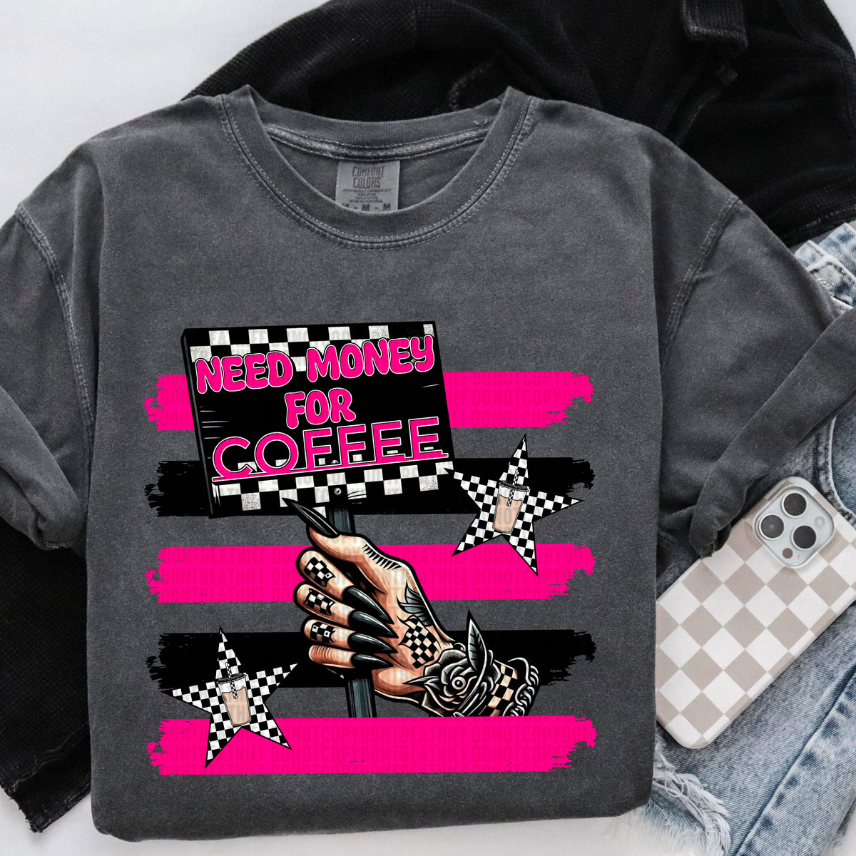 Need money for coffee pink and black stripes 90324 DTF transfer