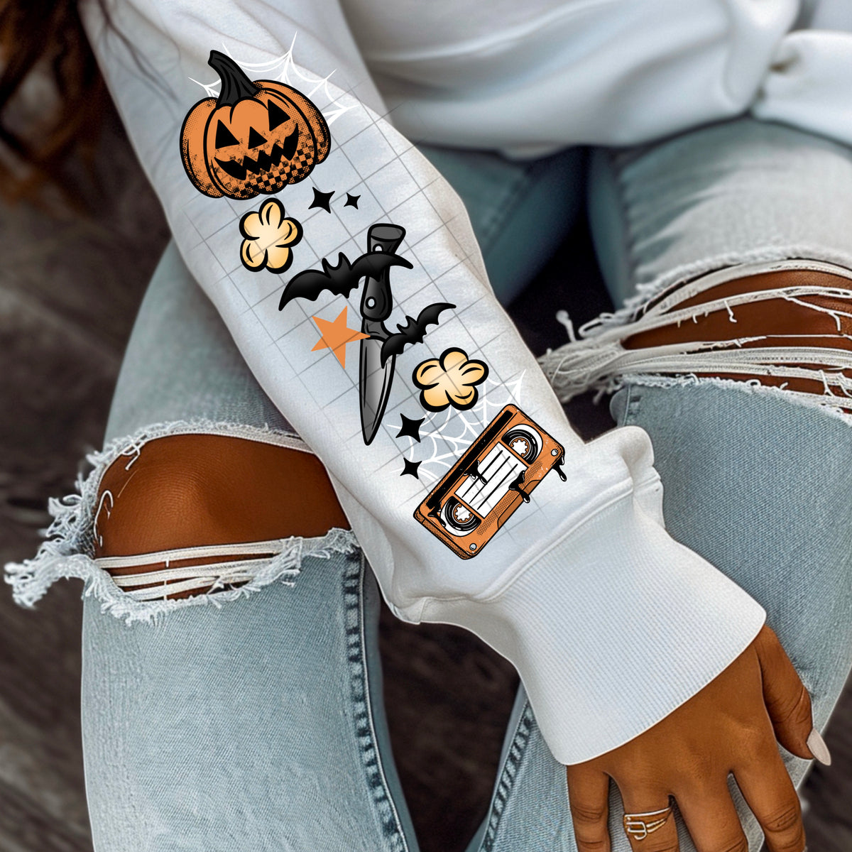 Scary Movies SLEEVE with pumpkin and popcorn CSC DTF transfer