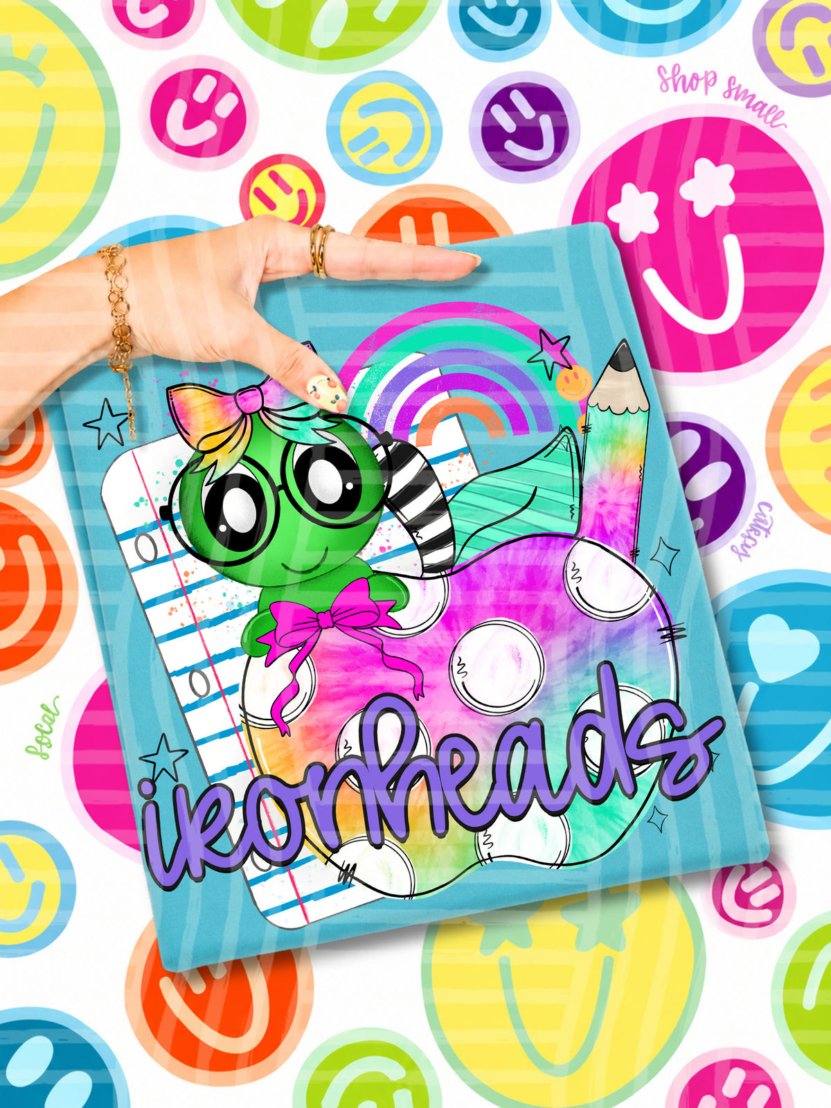 heads tie dye apple with white dots & green bug (CAPLINGER) DTF Transfer