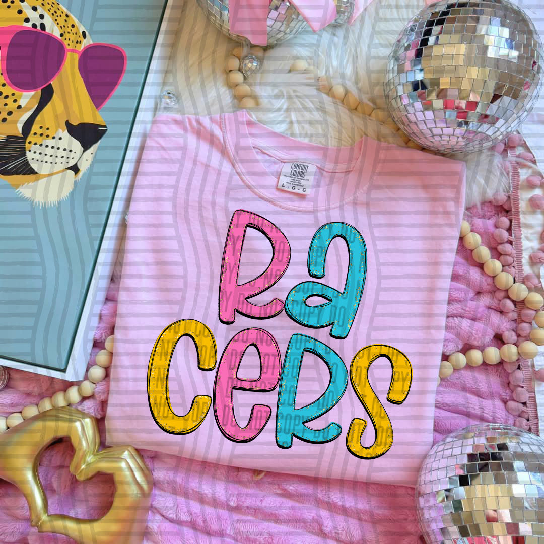 blue yellow and pink racers stacked (Caplinger) DTF Transfer