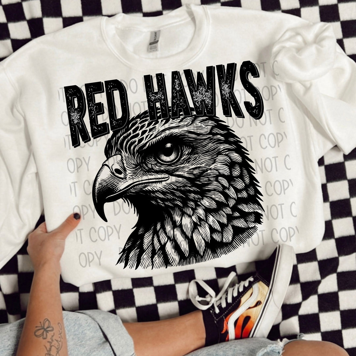 Red hawks black/white outline DTF transfer