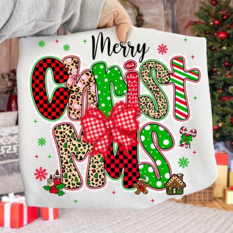 Merry Christmas with cheetah checker and polkadot letters DTF transfer