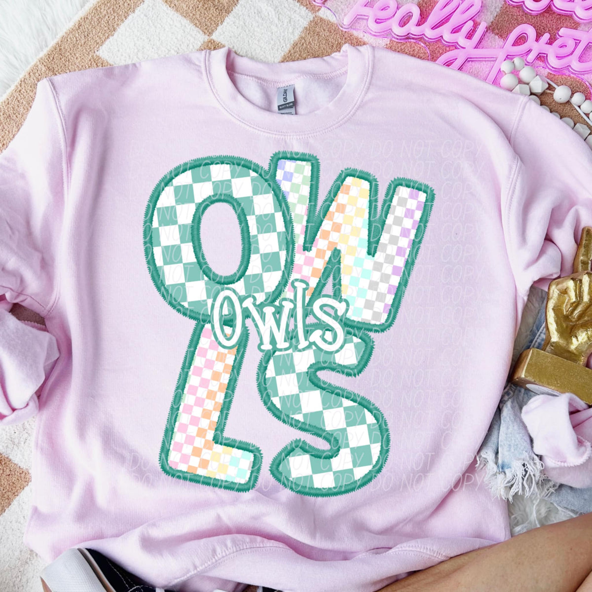 Owls blue and colorful checkered (CITY) 85544 DTF transfer
