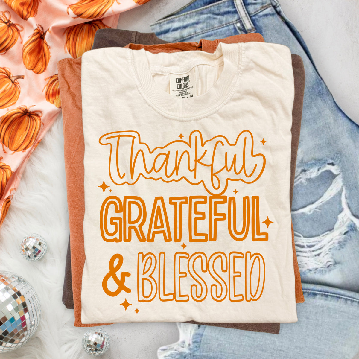 Thankful grateful blessed single color orange (CSC) DTF Transfer