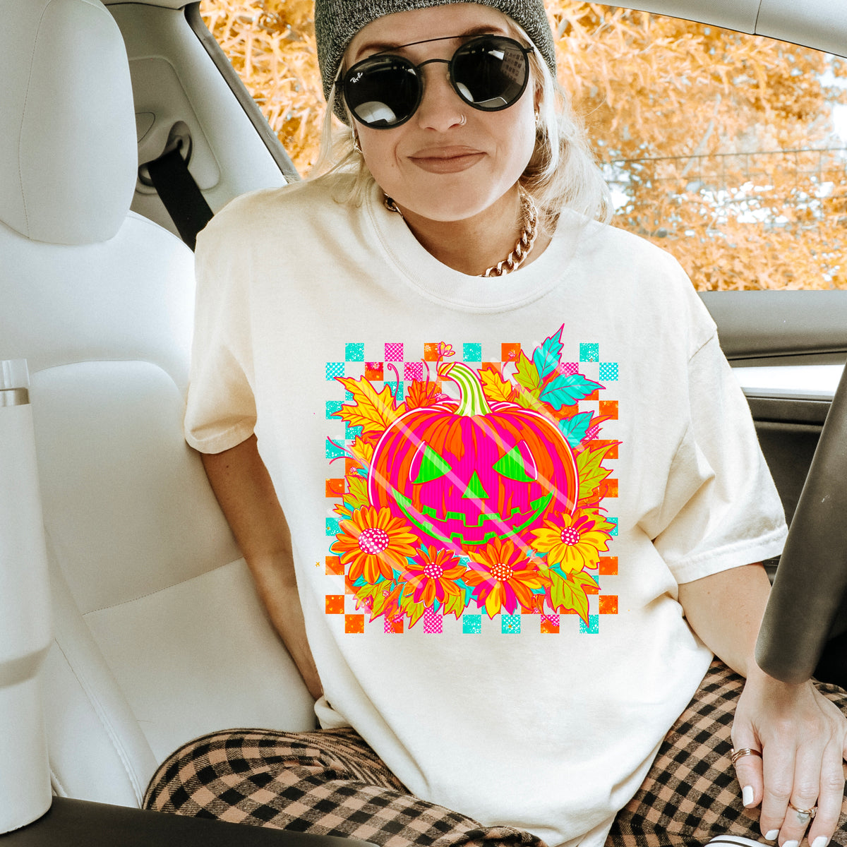 Pink Pumpkin and Neon Floral and Checker 110852 DTF transfer