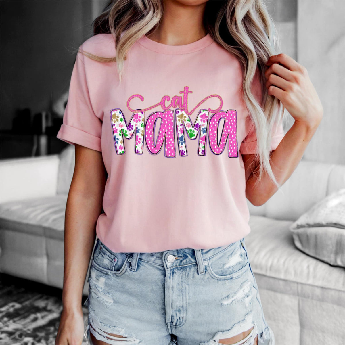 Cat mama pink and floral (SDD) 91986 DTF transfer