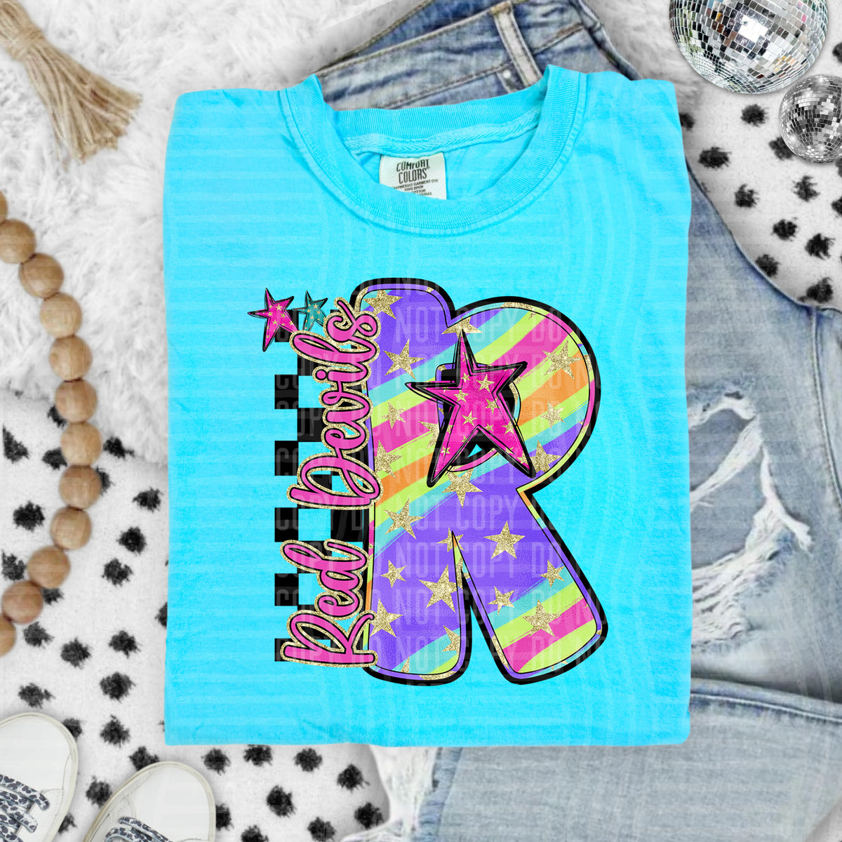 Red Devils Colorful Retro Rainbow Letter R With Stars And Checker 108147 DTF transfer