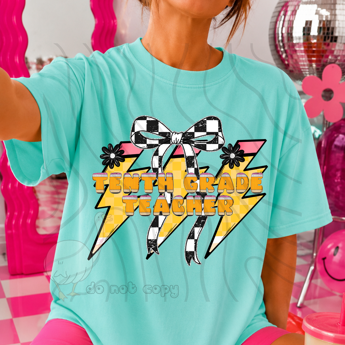 tenth grade teacher 62 lightening bolt black/white bow occupation (dkdbk) DTF transfer