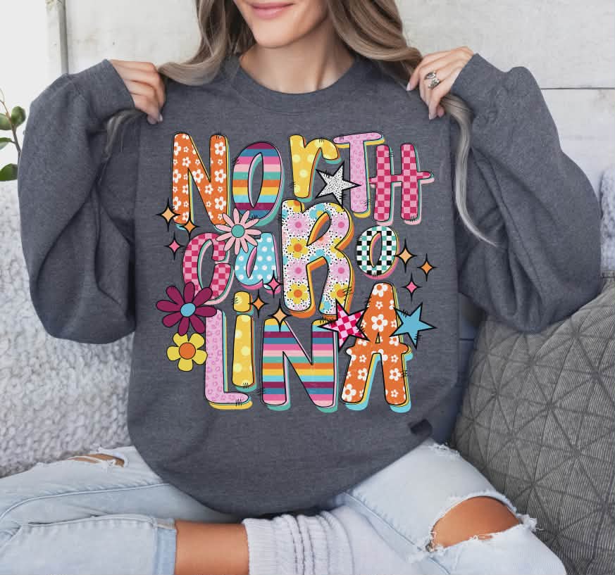 North Carolina colorful stars and flowers (S&G) DTF Transfer