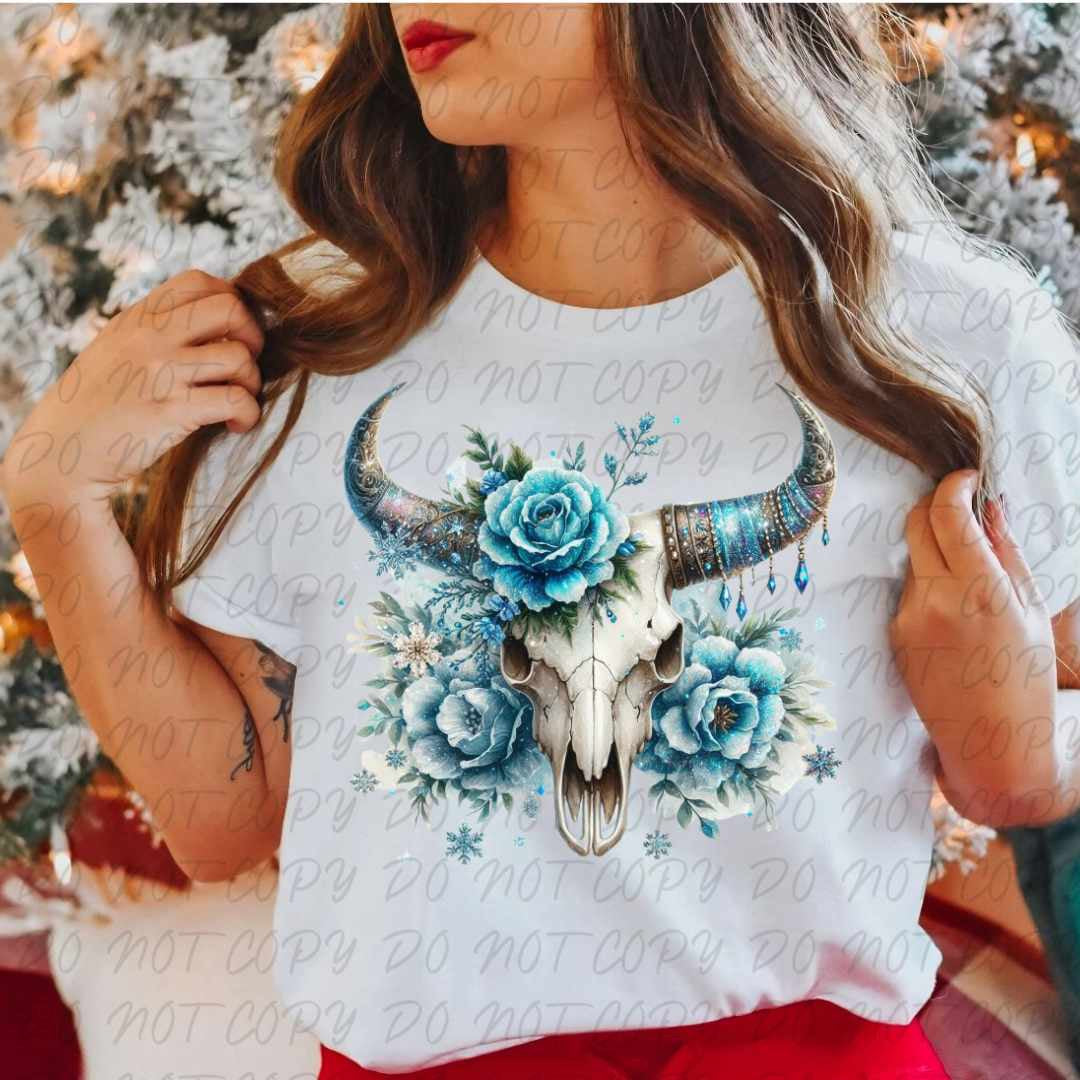 Bull skull blue flowers (vintage) 67358 DTF transfer