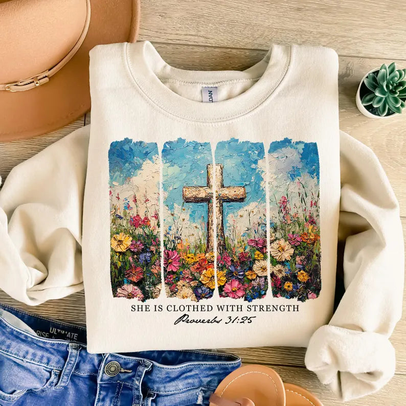 She is clothed in strength cross in floral field 94727 DTF transfer