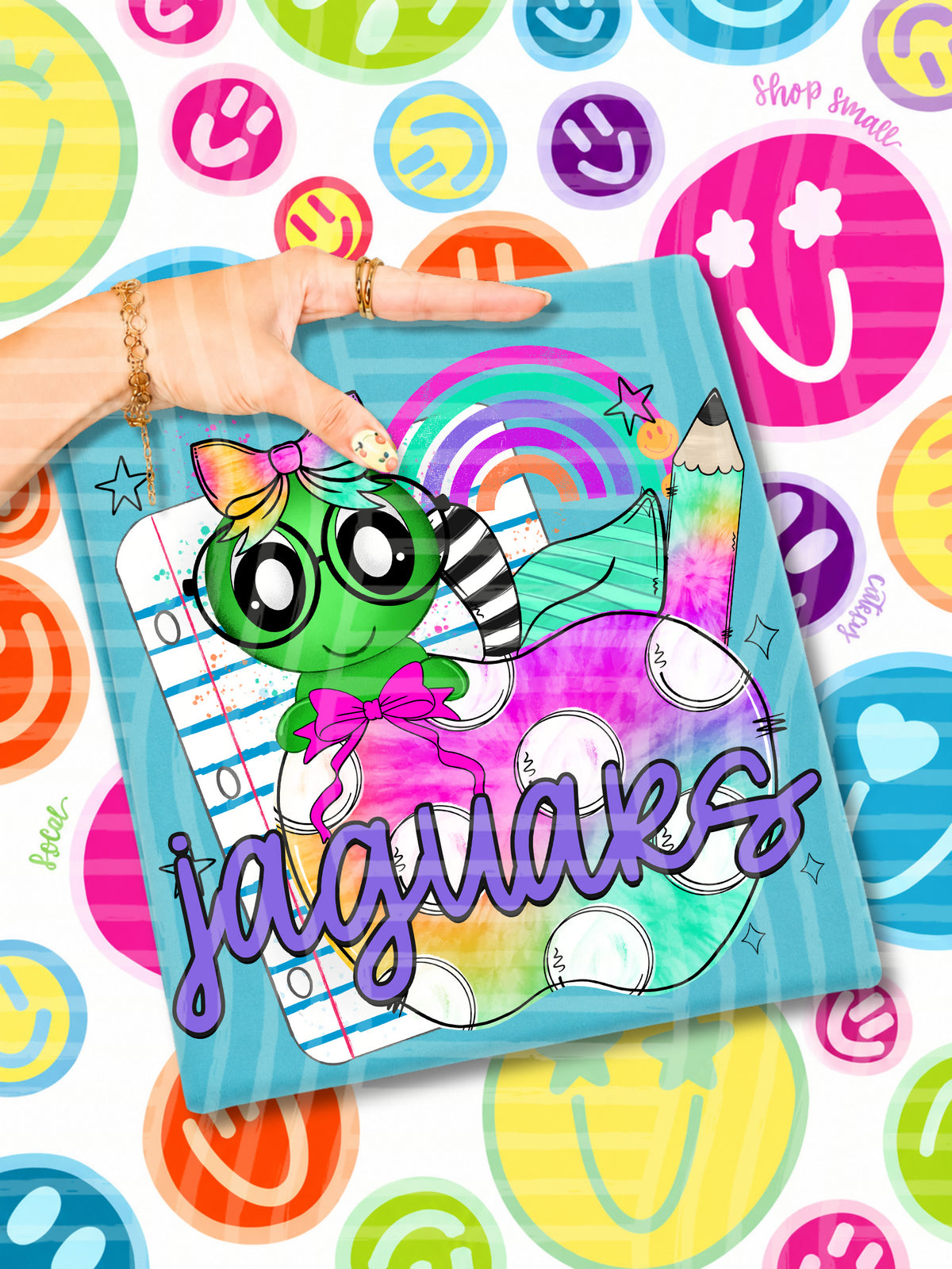 jaguars tie dye apple with white dots & green bug (CAPLINGER) DTF Transfer