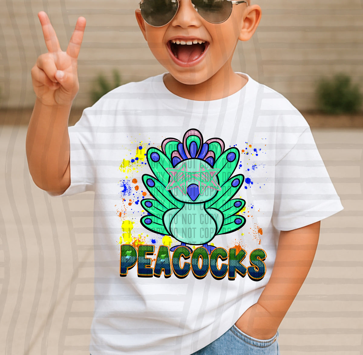 peacocks paint splatter boy blue green and yellow (Caplinger) DTF Transfer