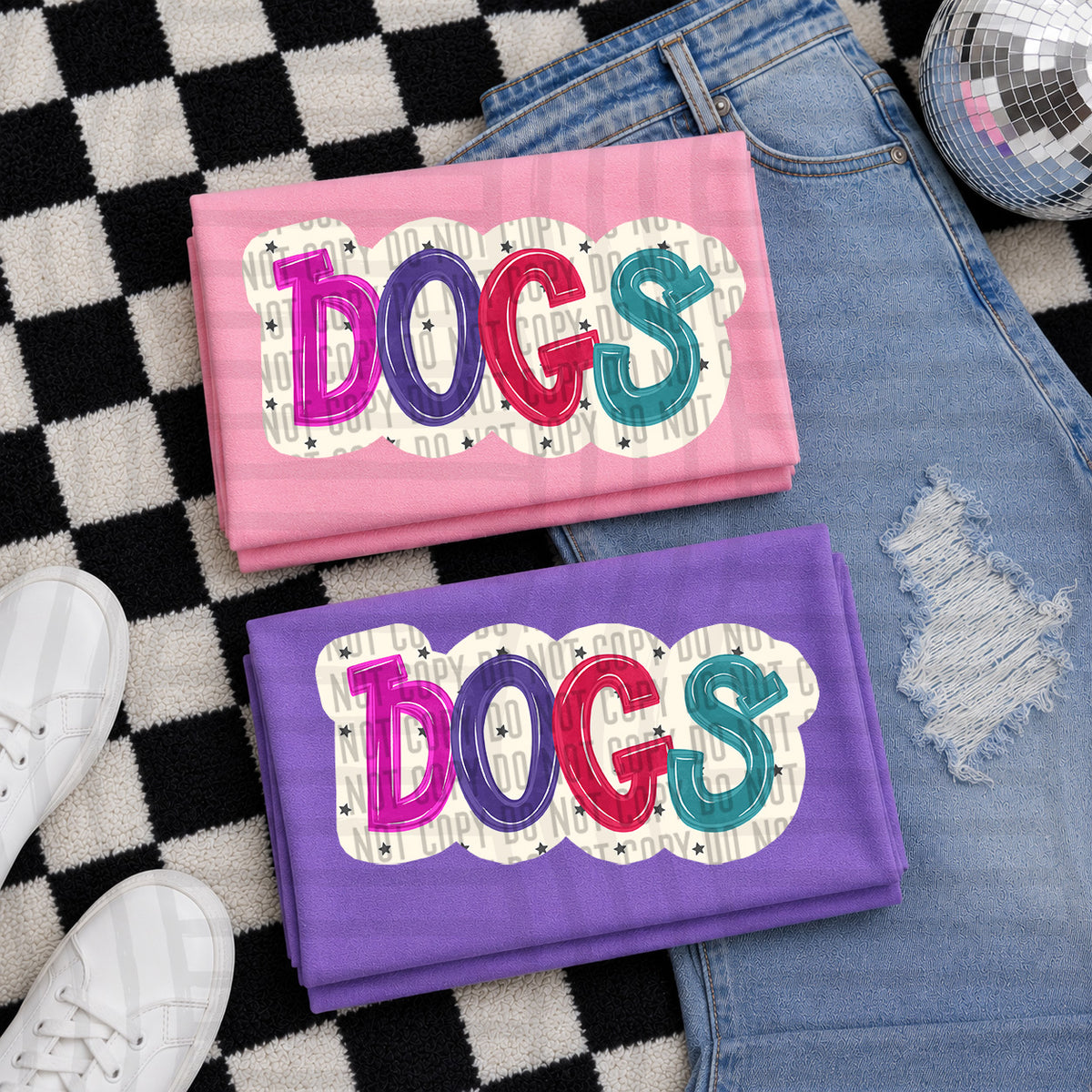 dogs bubble around letters with small stars (Caplinger) DTF Transfer