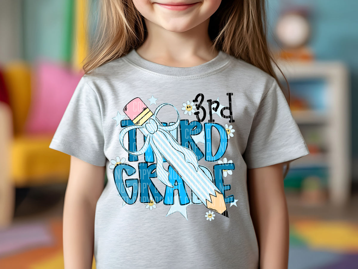 3rd grade blue pencil bow (Caplinger) DTF transfer