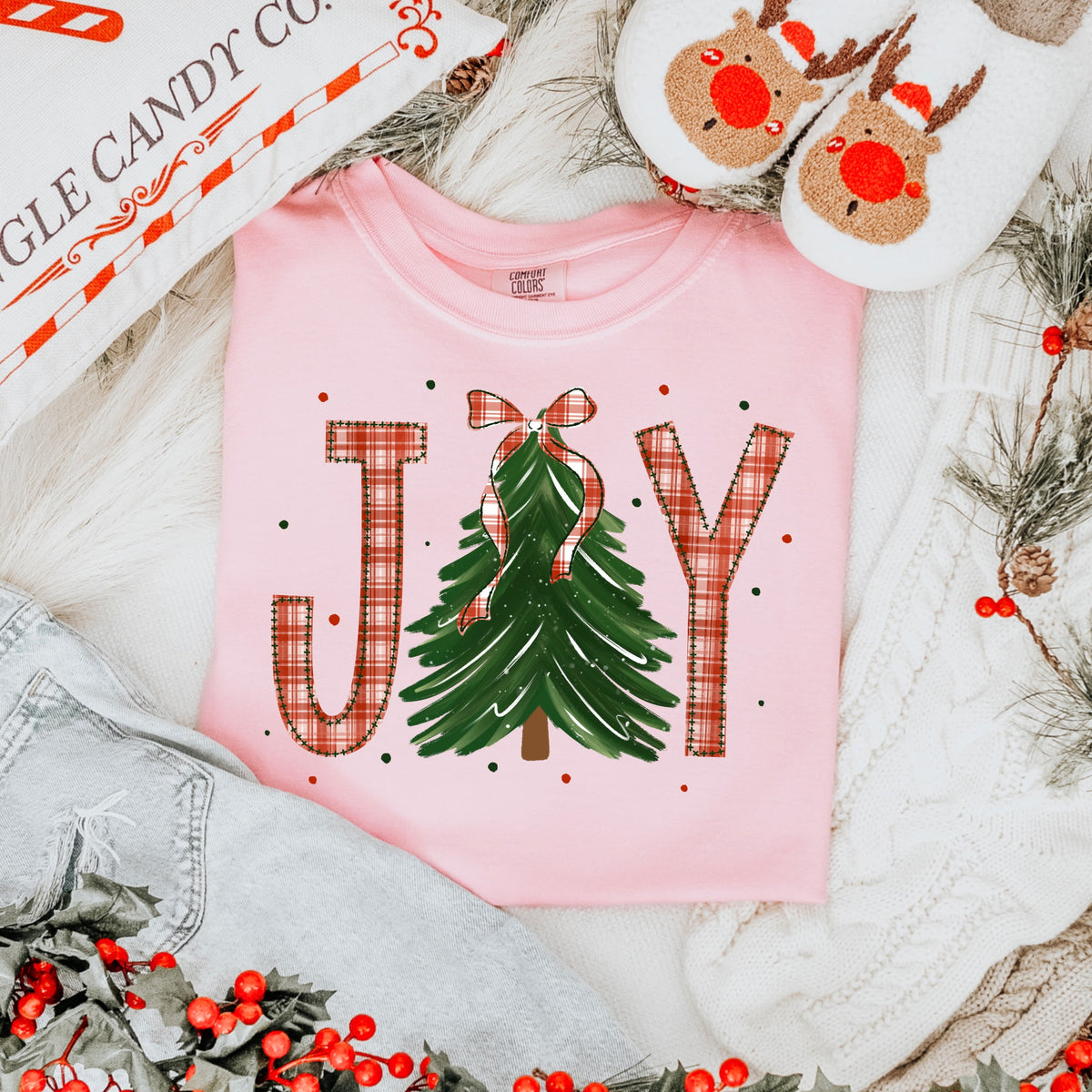 Joy tree plaid lettering and bow Sunday Special DTF transfer