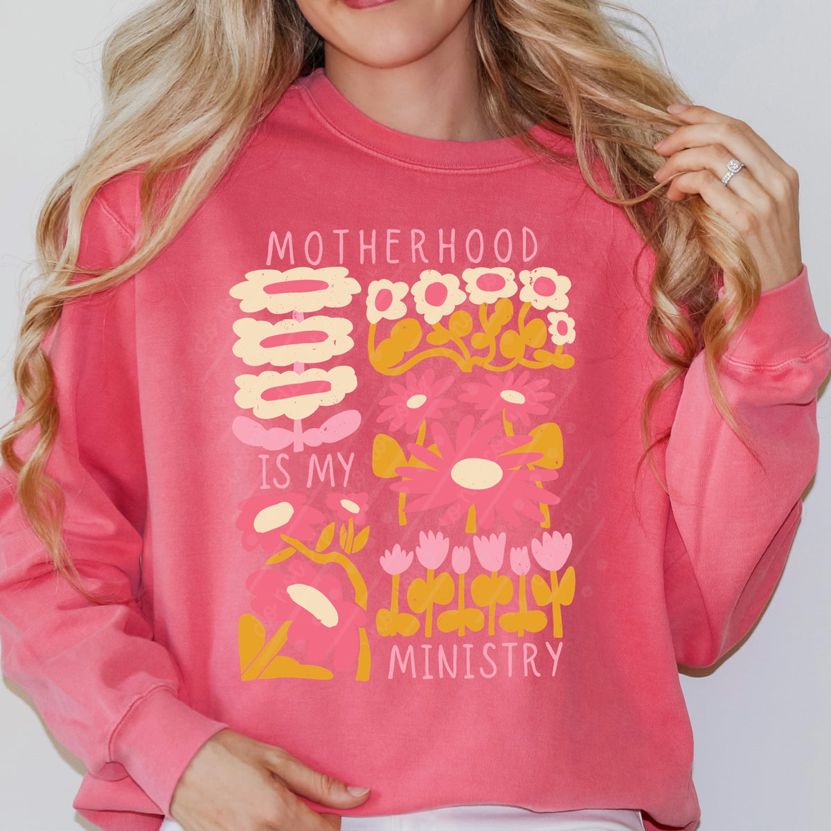 Motherhood is my ministry (three flowers on top left) (pink cream orange) DTF Transfer