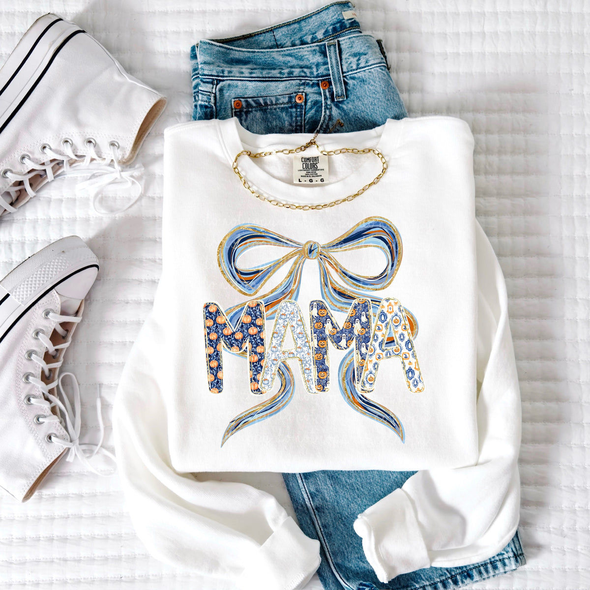 Navy and gold spooky mama with bow DTF transfer