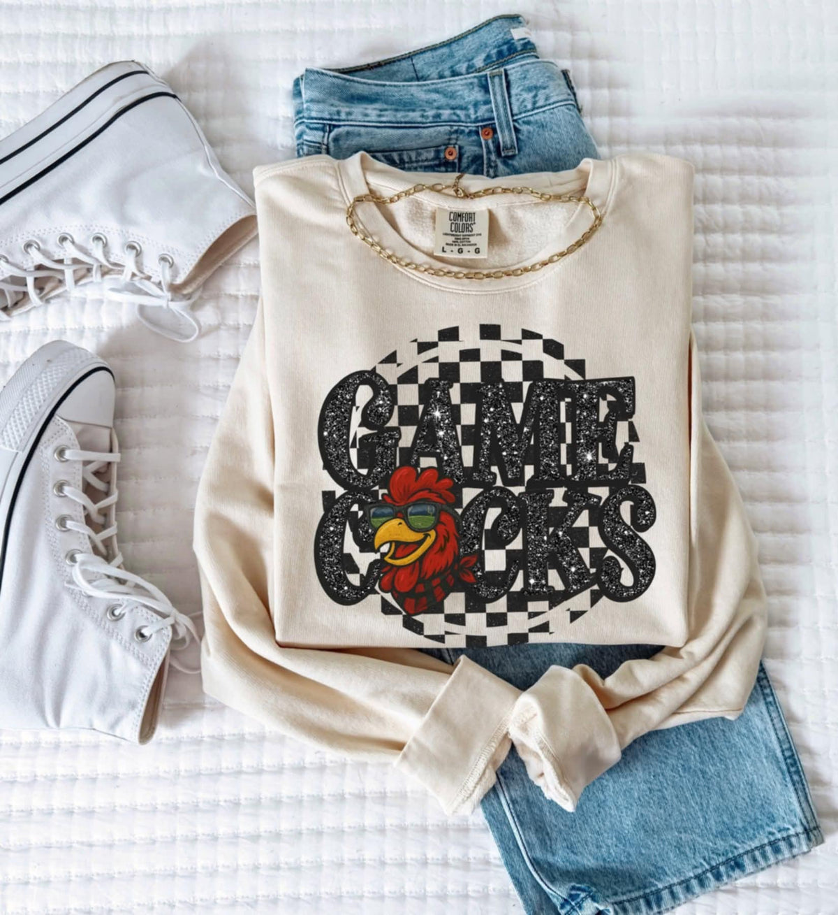 Game Cocks Mascot Black Glitter Font GROVE DTF transfer