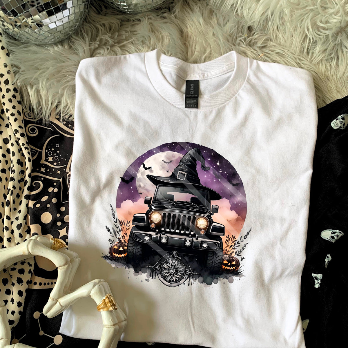 Black Car with witch hat and moon background 110745 DTF transfer