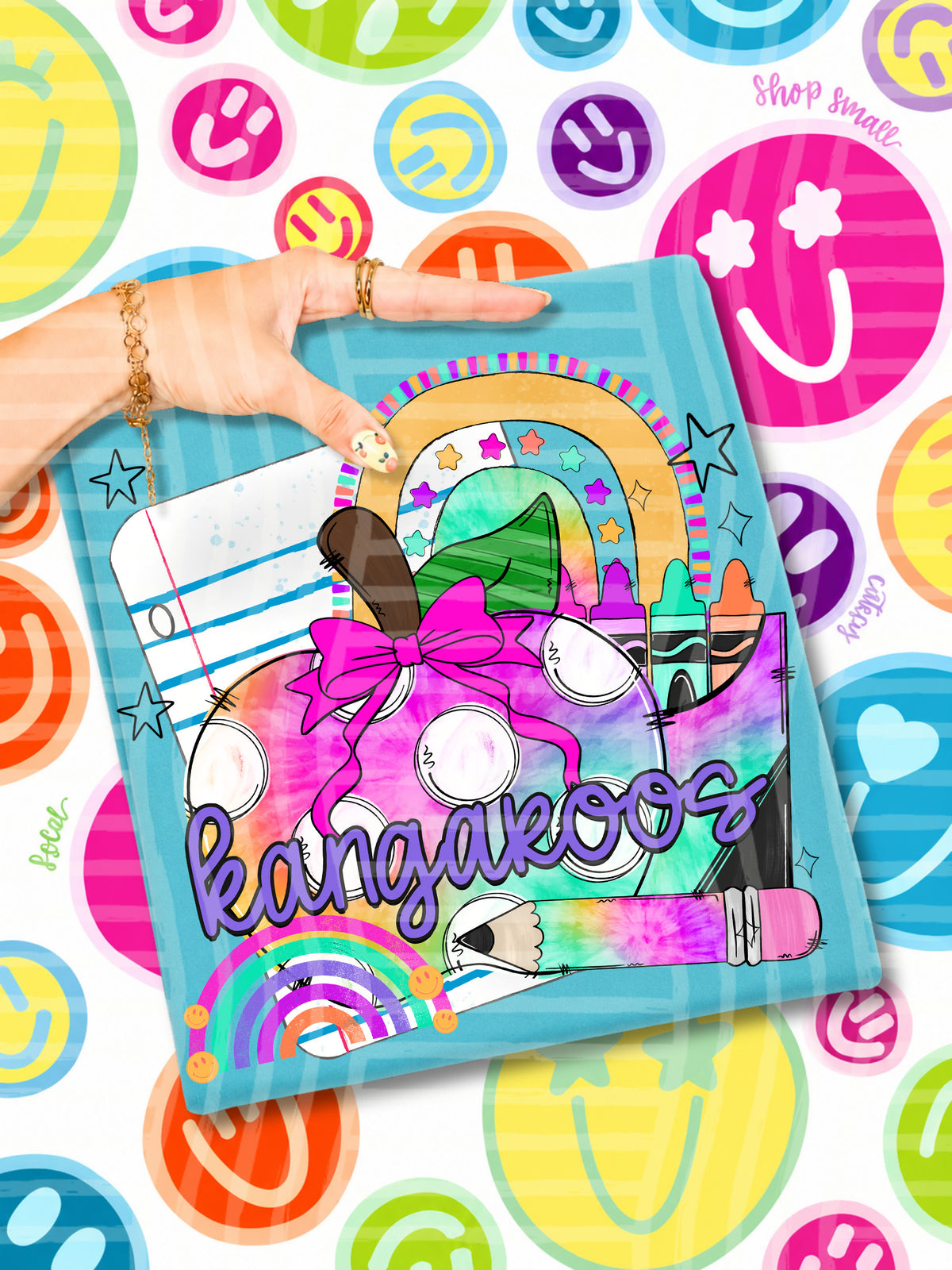 kangaroos tie dye apple with white dots and school stuff (CAPLINGER) DTF Transfer