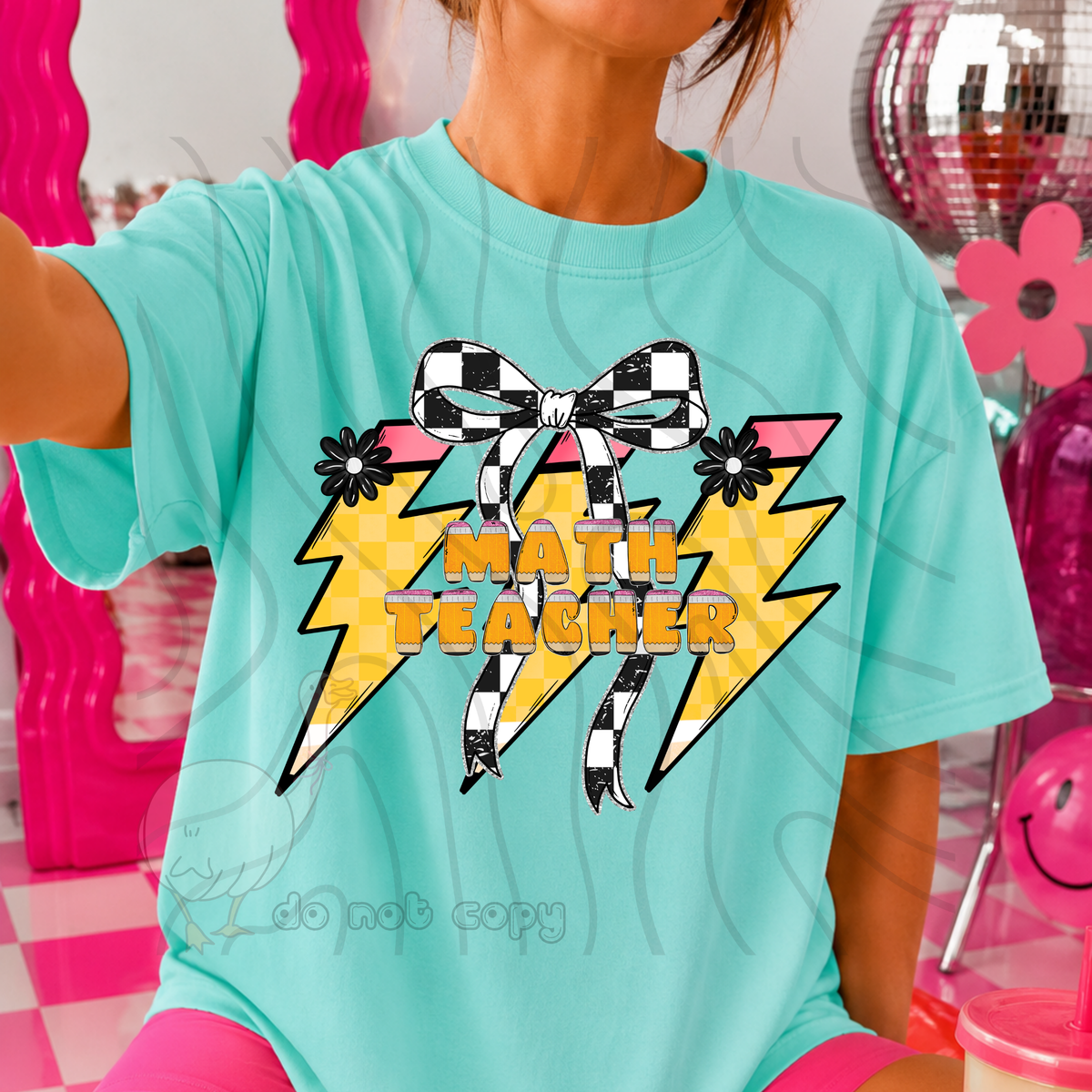 math teacher 64 lightening bolt black/white bow occupation (dkdbk) DTF transfer