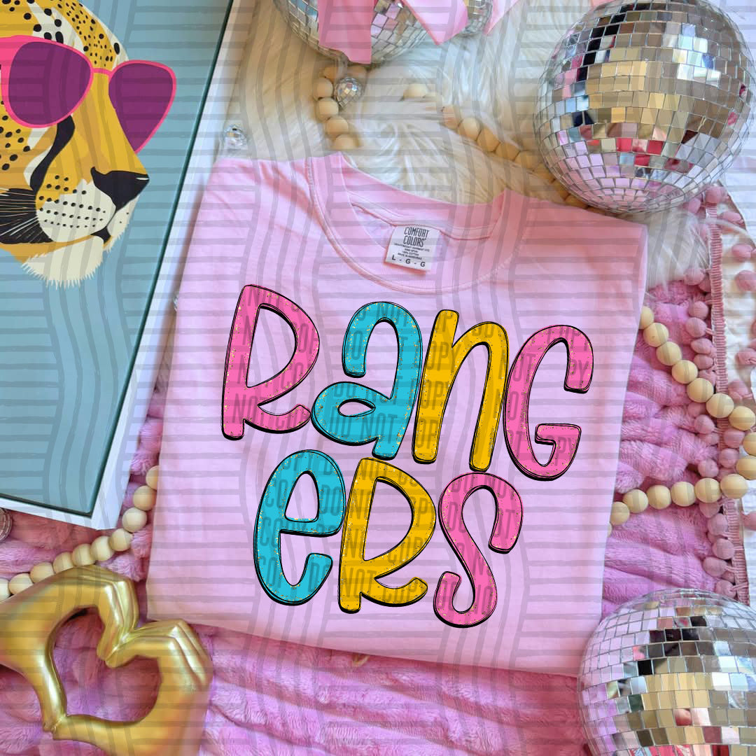 blue yellow and pink rangers stacked (Caplinger) DTF Transfer