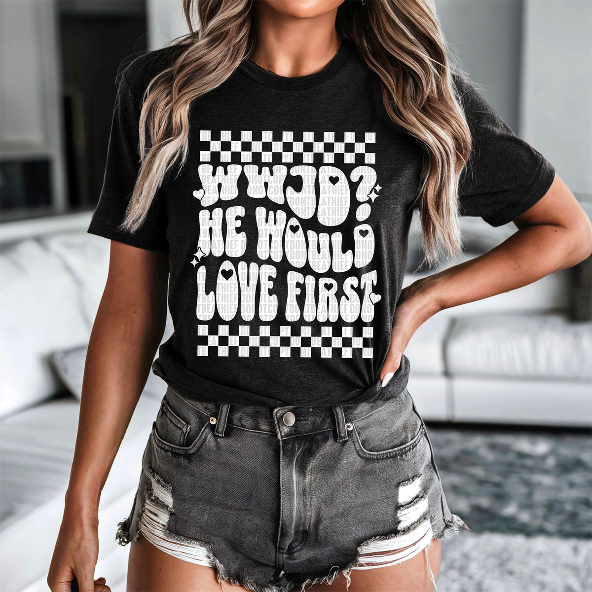 WWJD he would love first checkered white font 93564 DTF transfer
