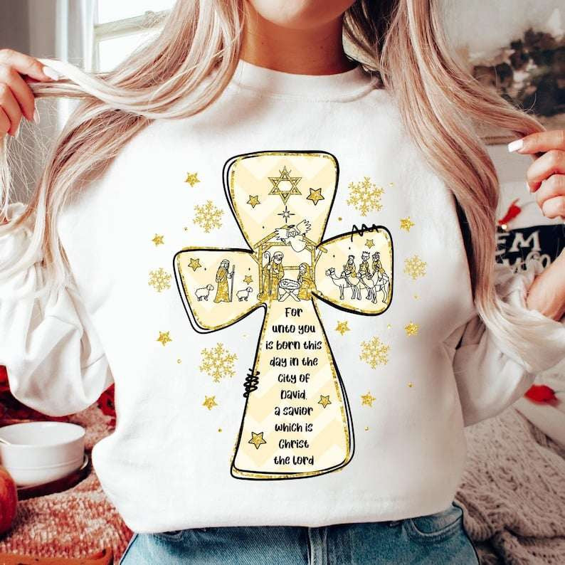 For unto you is born cross 67898 DTF transfer