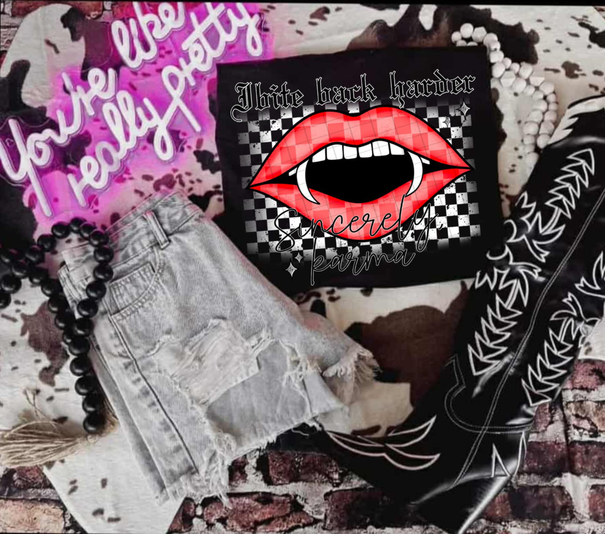 I Bite Back Harder vampire lips red  (linda) DTF transfer