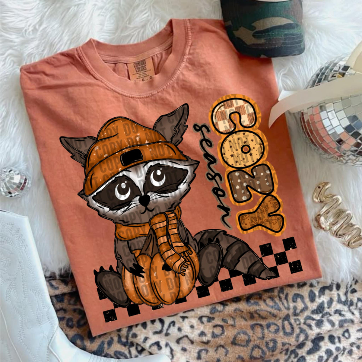 Cozy Season raccoon with pumpkin (lane) DTF transfer