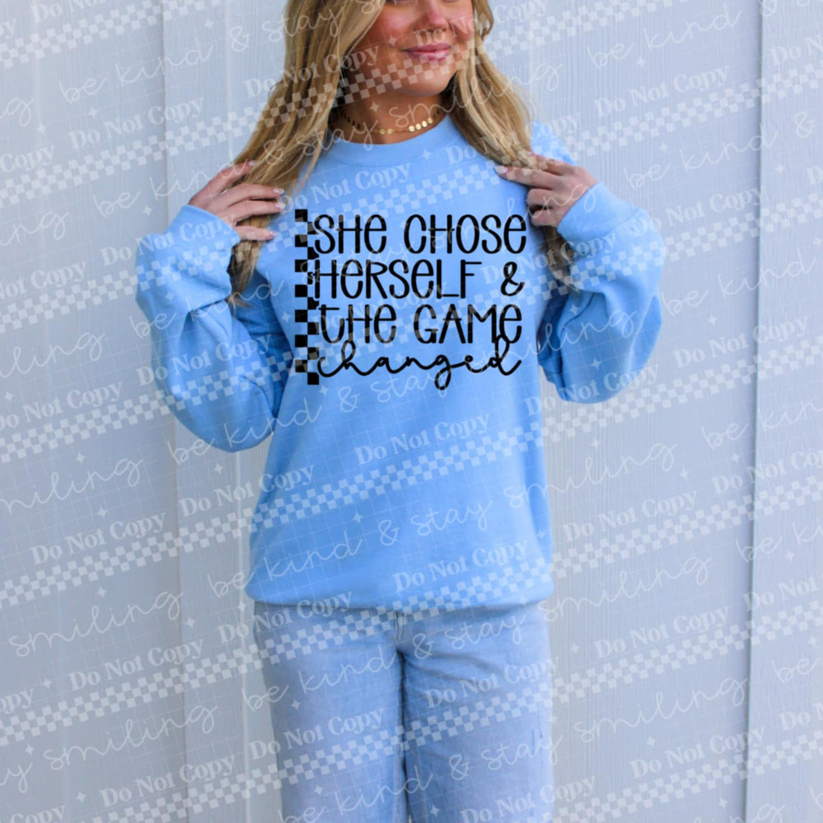 She close herself with checker (CMLD) DTF transfer