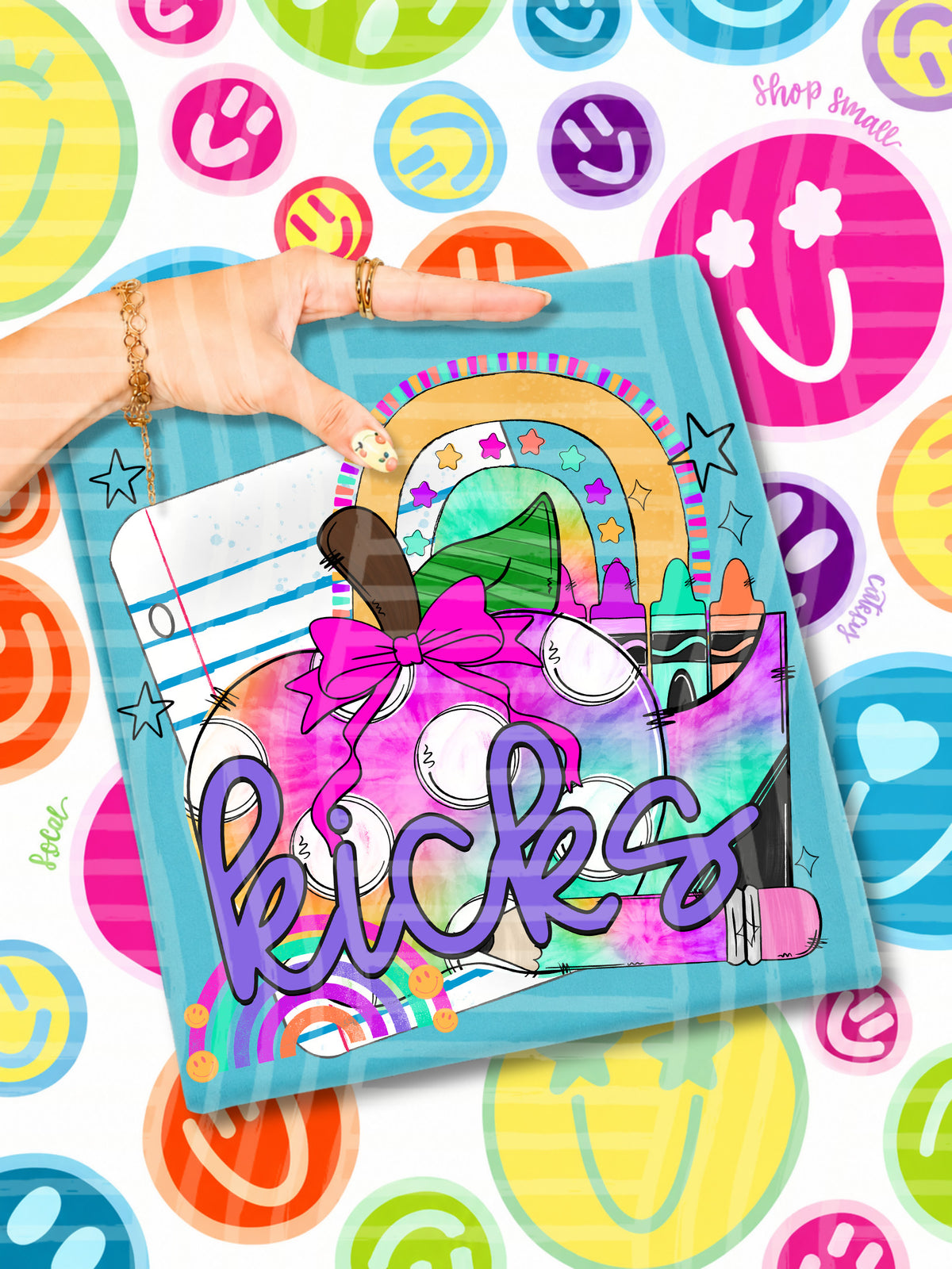kicks tie dye apple with white dots and school stuff (CAPLINGER) DTF Transfer