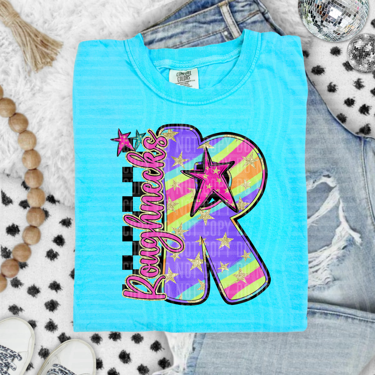Roughnecks Colorful Retro Rainbow Letter R With Stars And Checker 108150 DTF transfer