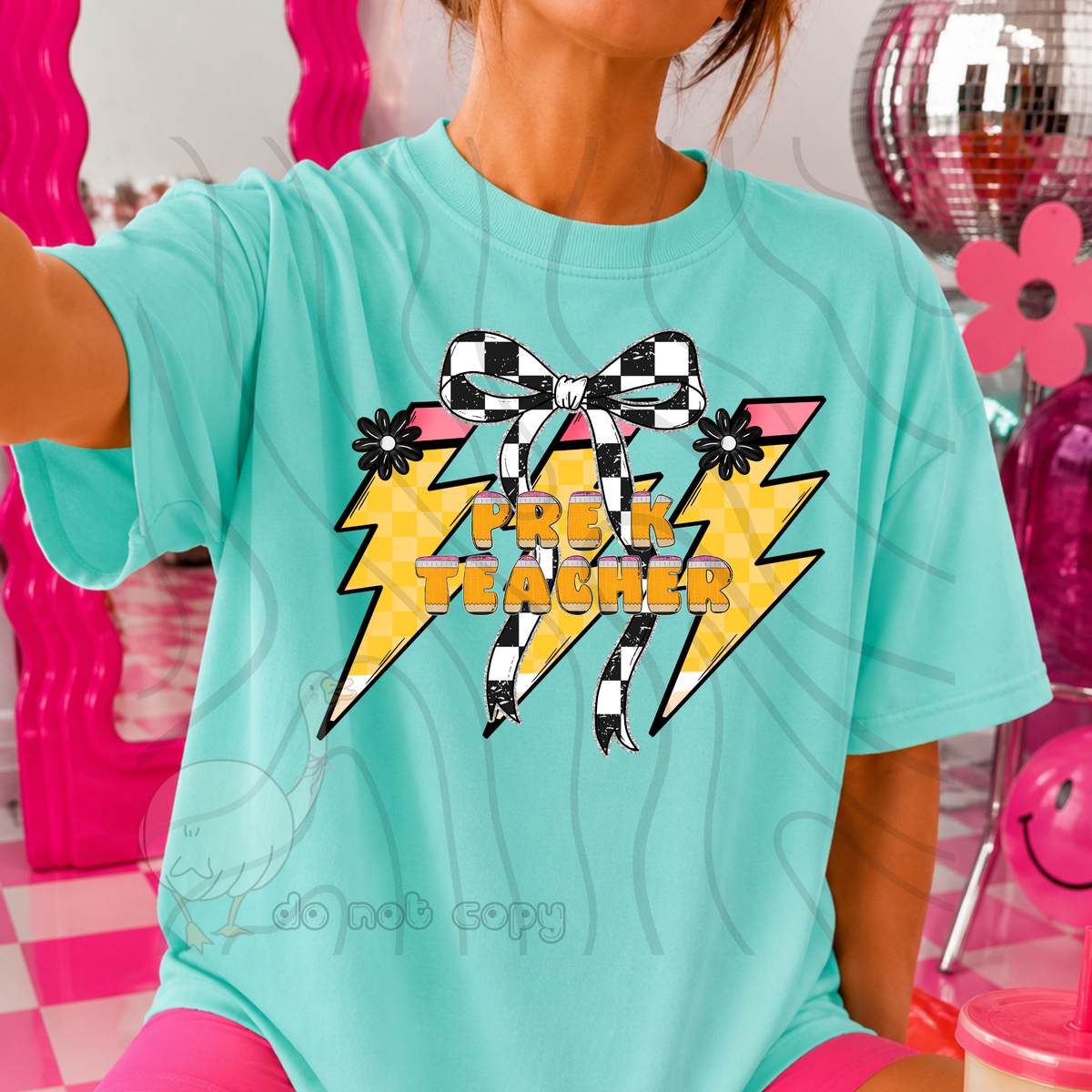 pre k teacher 65 lightening bolt black/white bow occupation (dkdbk) DTF transfer