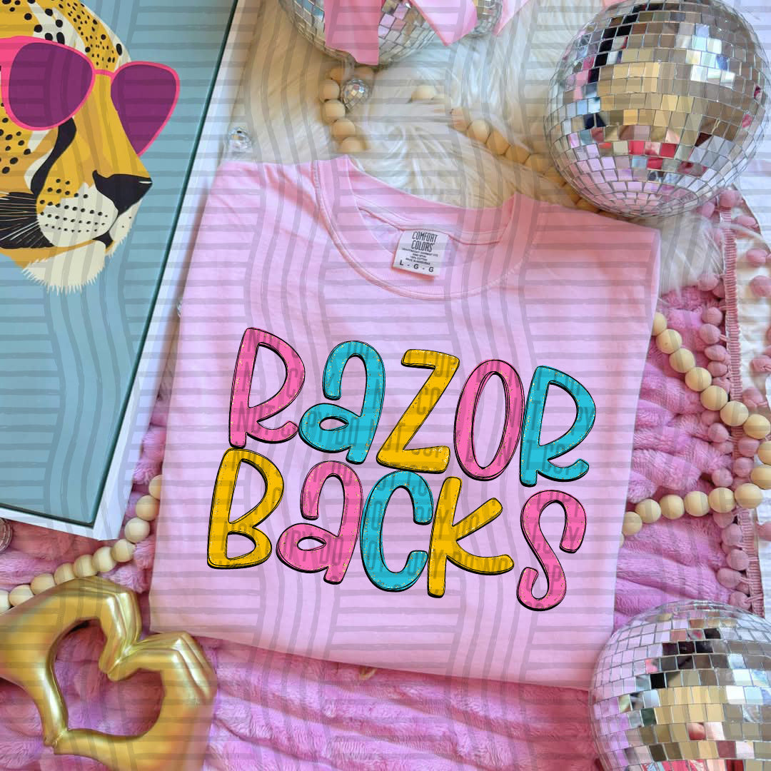 blue yellow and pink razor backs stacked (Caplinger) DTF Transfer
