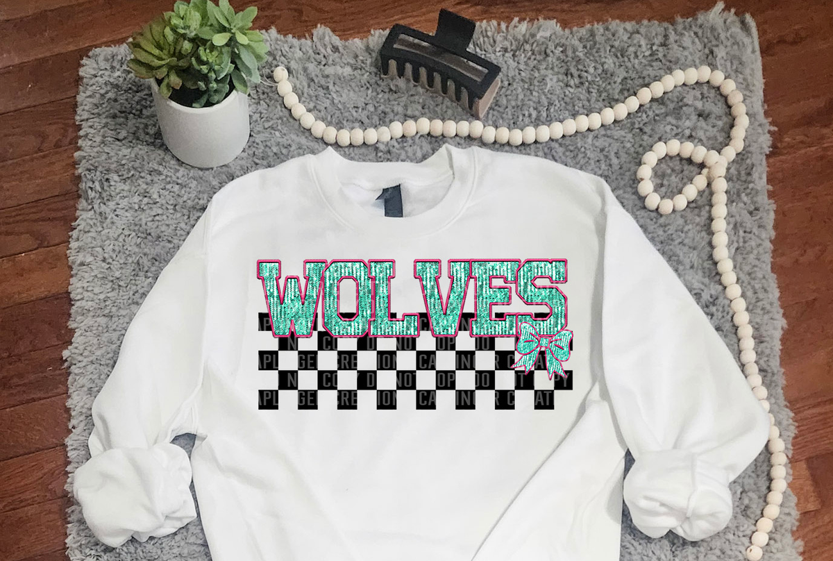 Turquoise And Pink Faux Embroidery Wolves 74124 DTF Transfer