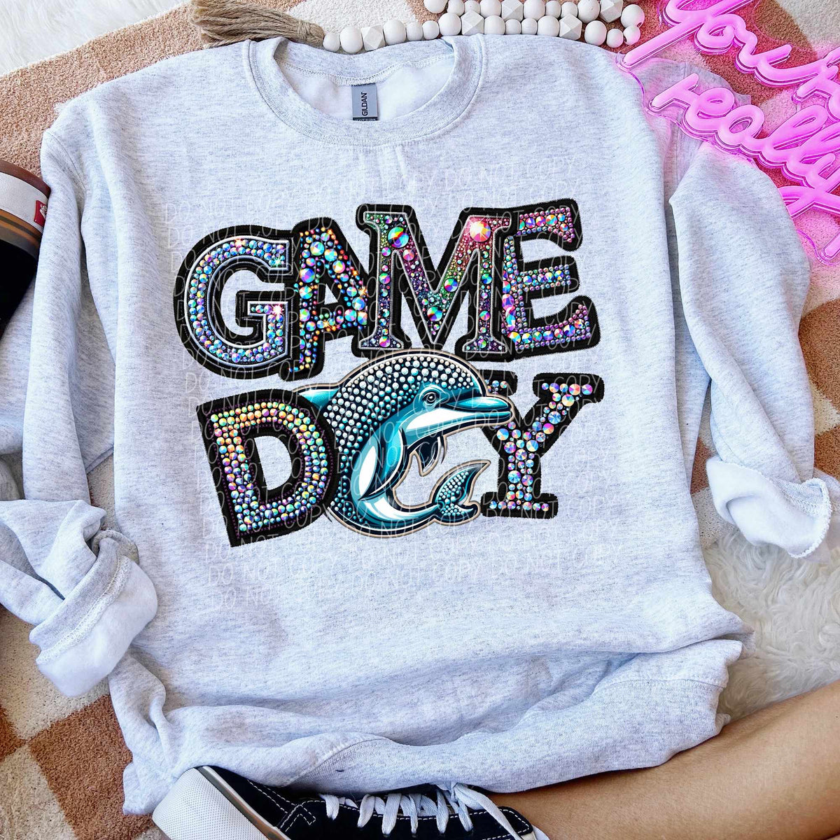 Game day dolphins rhinestone colored mascot (CITY) 44385 DTF transfer