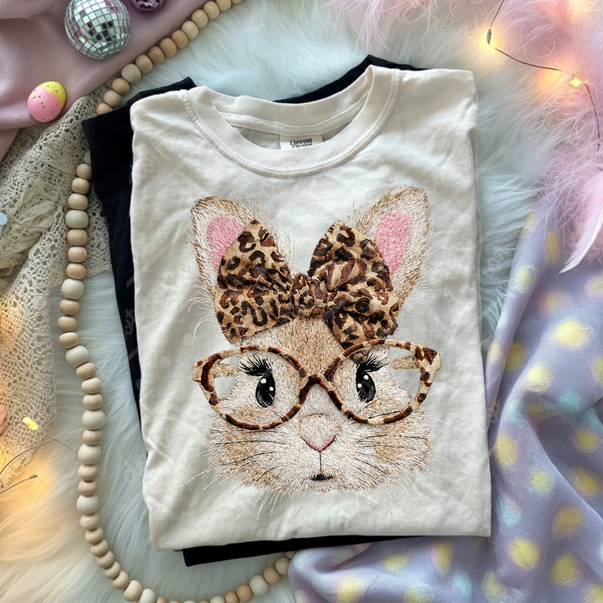 Bunny with glasses and leopard bow DTF transfer