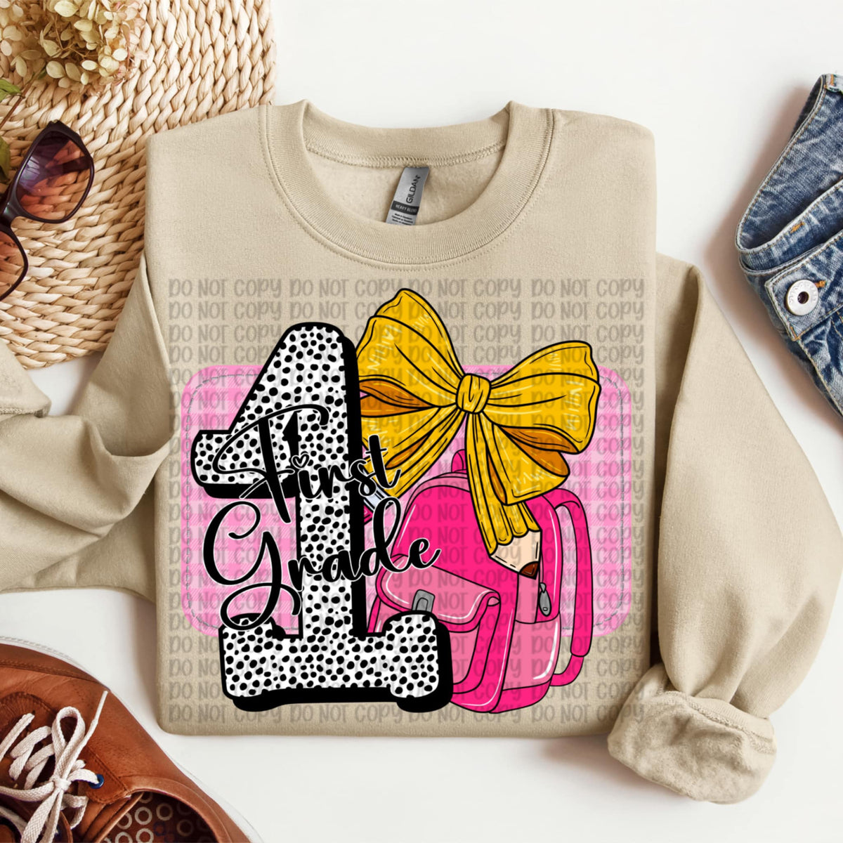 First Grade Polka Dot with pencil bow and backpack DTF transfer