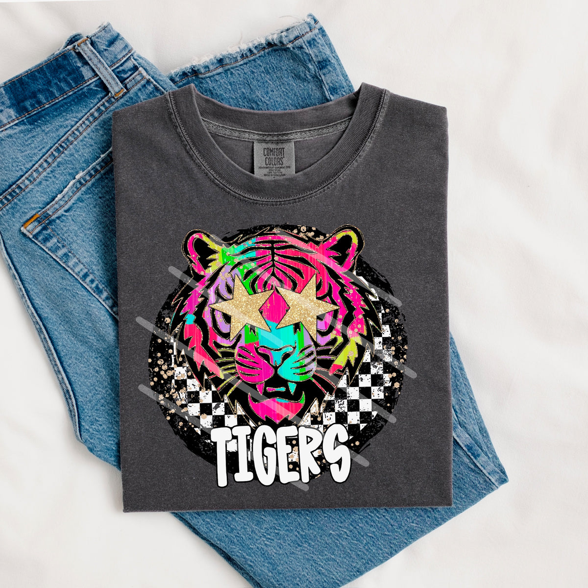 Tigers Mascot rainbow checker circle (county line) 111022 DTF transfer